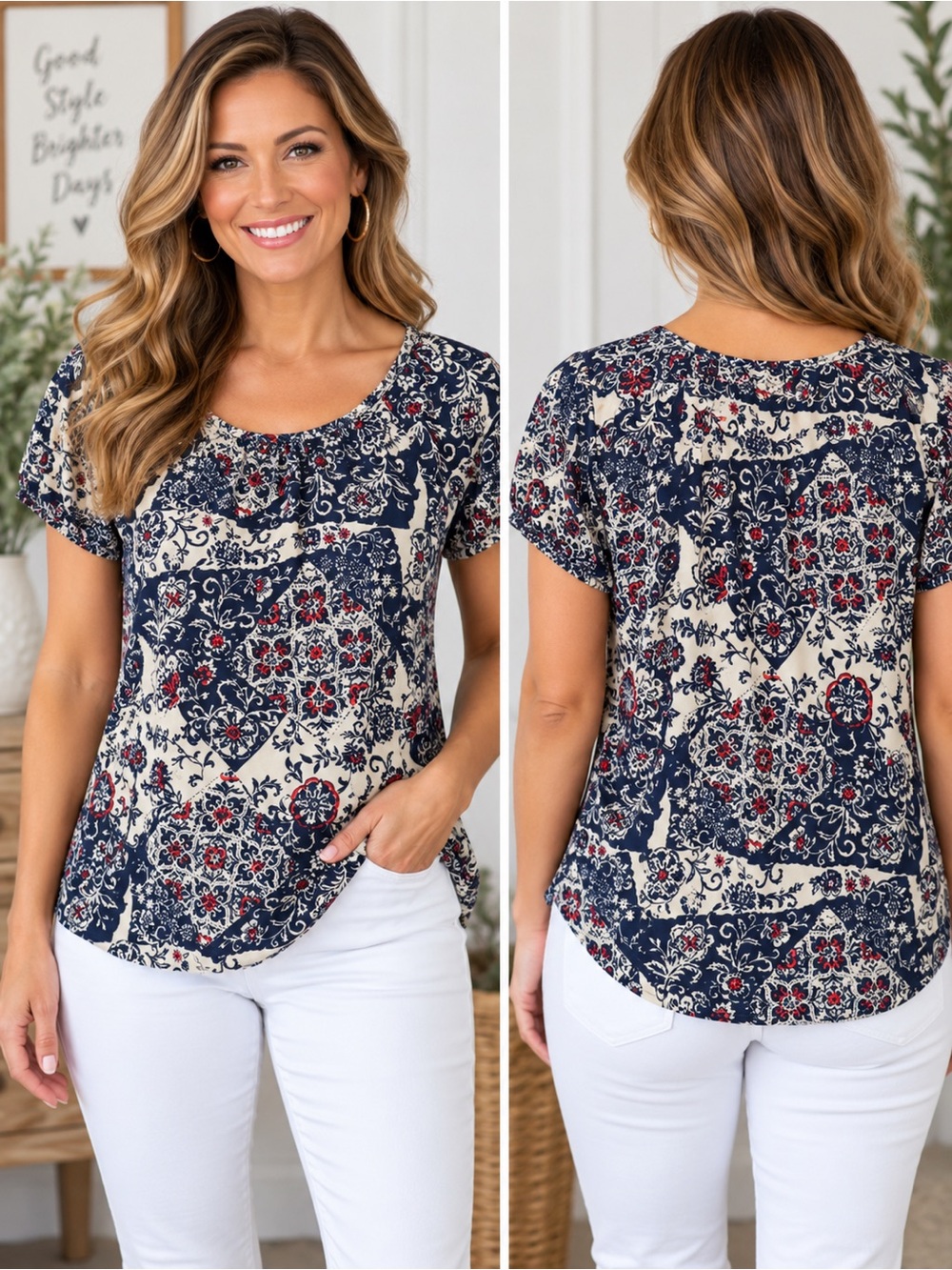 Cato Navy and Cream Floral Short Sleeve Tee Size Small